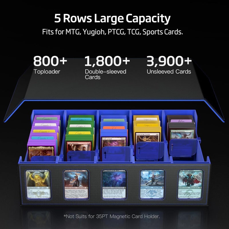 MORCCO Trading Card Storage Box 5-Row 3900+ Capacity,TCG MTG Card Case with Magnetic Lid & Commander Display,Top Loader Storage for Sports Cards,Includes Dividers Dice Box（Black＆Blue） - Image 3